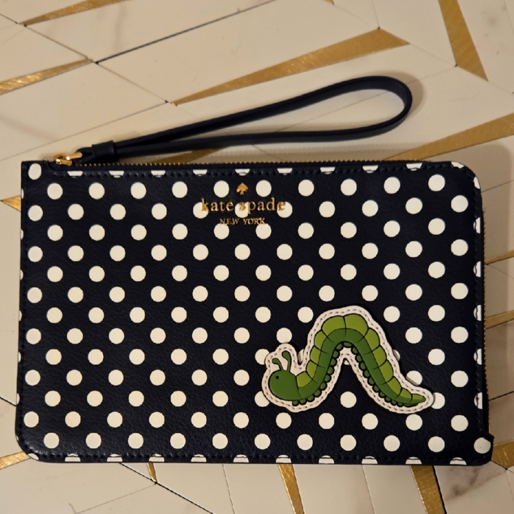 Kate Spade Navy Blue White Polka Dot Wristlet Green Inchworm AUTHENTIC NWOT